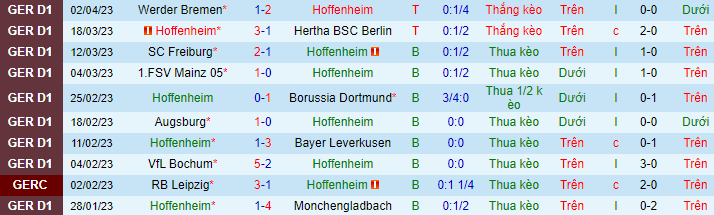 Thống kê 10 trận gần nhất của Hoffenheim