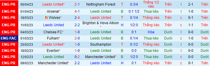 Thống kê 10 trận gần nhất của Leeds United