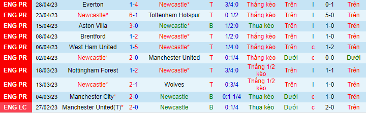 Thống kê 10 trận gần nhất của Newcastle