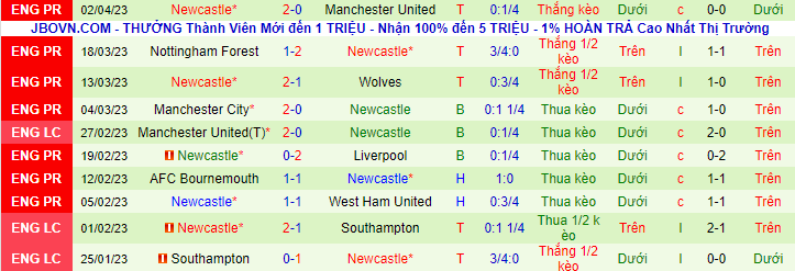 Thống kê 10 trận gần nhất của Newcastle