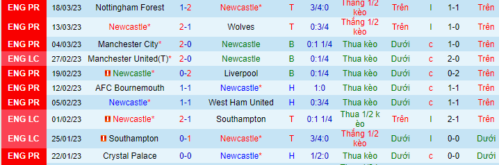 Thống kê 10 trận gần nhất của Newcastle