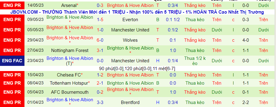 Thống kê 10 trận gần nhất của Brighton